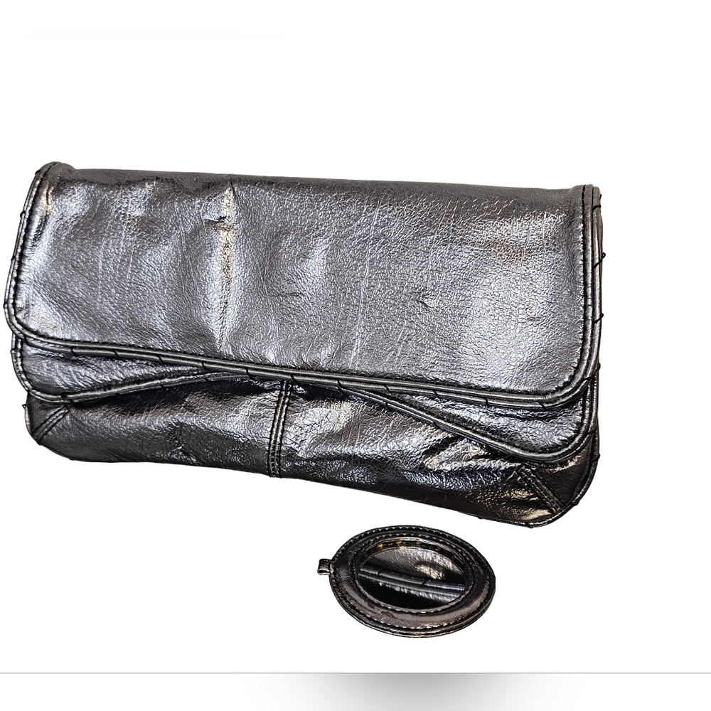 [Nine West] Silver Metallic Envelope Magnetic Faux Leather Clutch